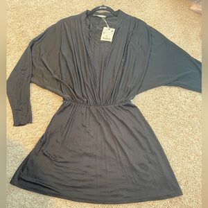 NWT Zara Mini Black Dress Ruffle Puff Cinched Babydoll Size M